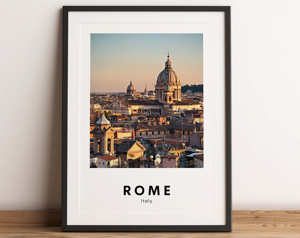 Rome Italy Sunset Travel Poster of Rooftop Skyline and Church Domes
