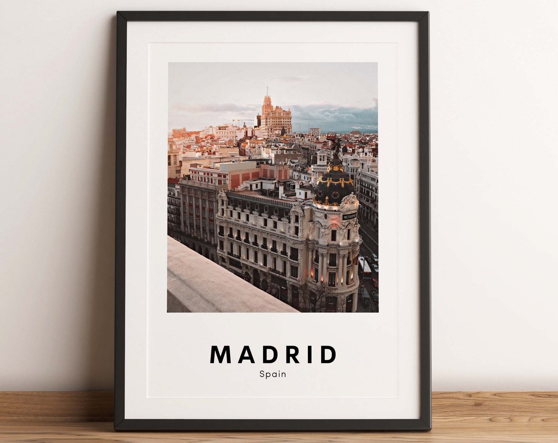 Madrid Spain Travel Poster of Gran Via with Metropolis Building Dome