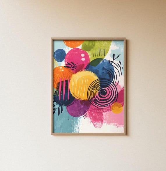 Abstract Colorful Circles Lines Playful Modern Wall Art Minimalist