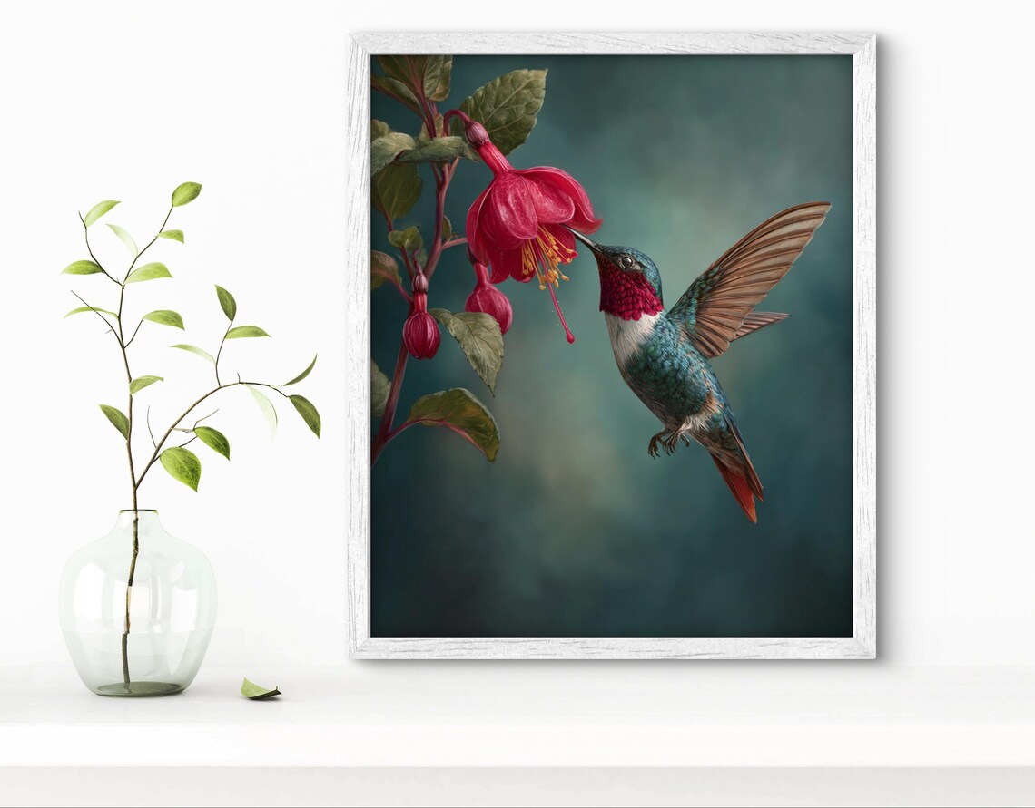 Hummingbird Feeding on Fuchsia Flower Realistic Nature Painting Print