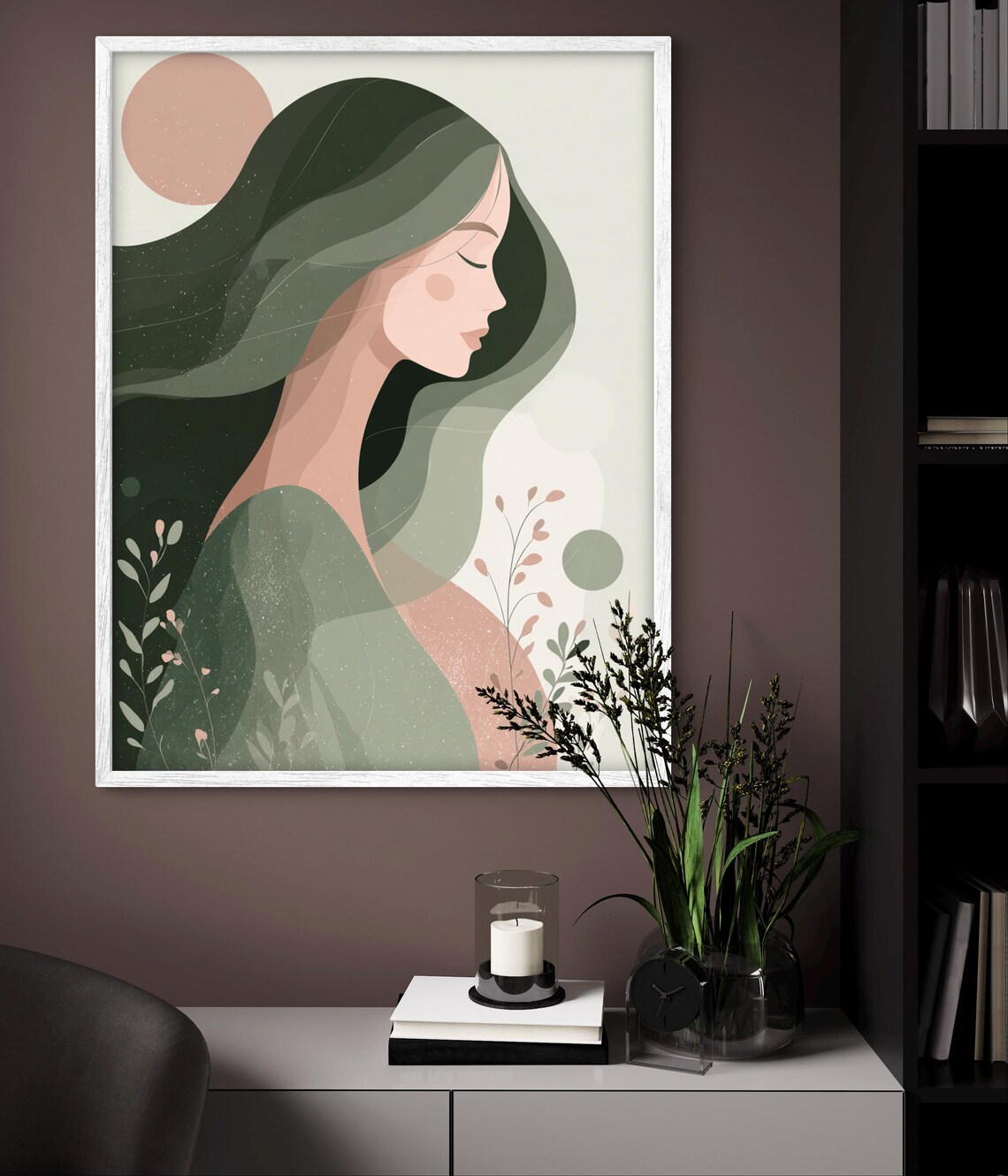 Boho Wall Art Featuring Serene Woman Soft Pastel Modern Bohemian