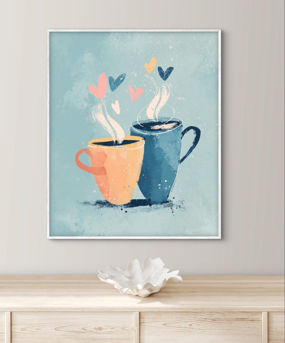 Two Steaming Coffee Mugs With Hearts Romantic Minimalist Art Poster