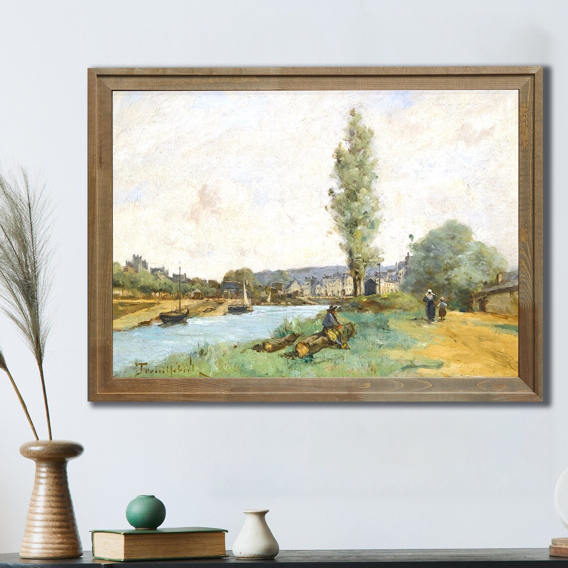Vintage Oil Painting Riverside Town Sailboats Tall Poplar Art Poster - Image 3