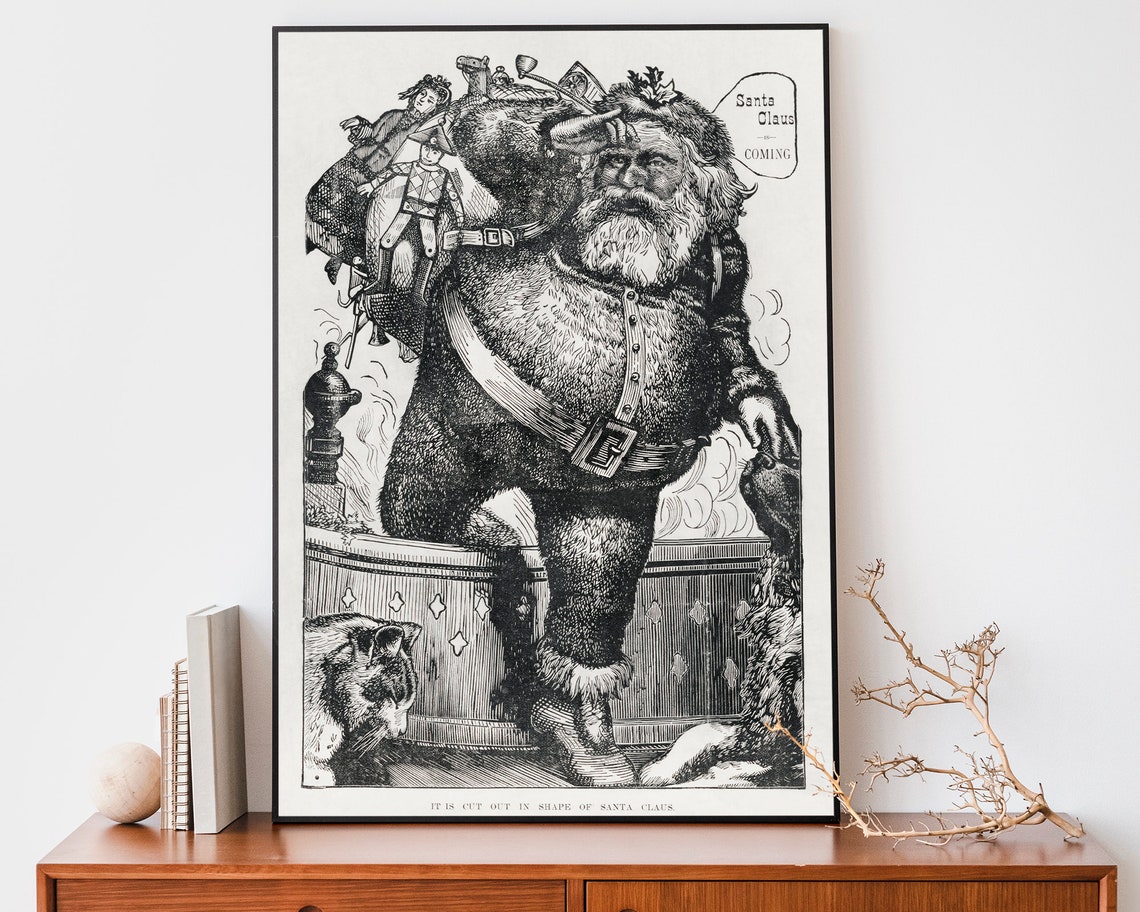 Vintage Santa Claus Is Coming Black White Engraving Holiday Poster