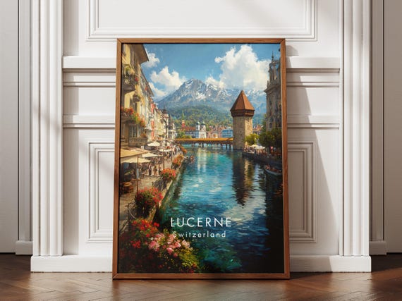 Lucerne Switzerland Travel Poster Modern Wall Art Print Lakeside Cityscape Chapel Bridge Swiss Alps Rigi Mountain