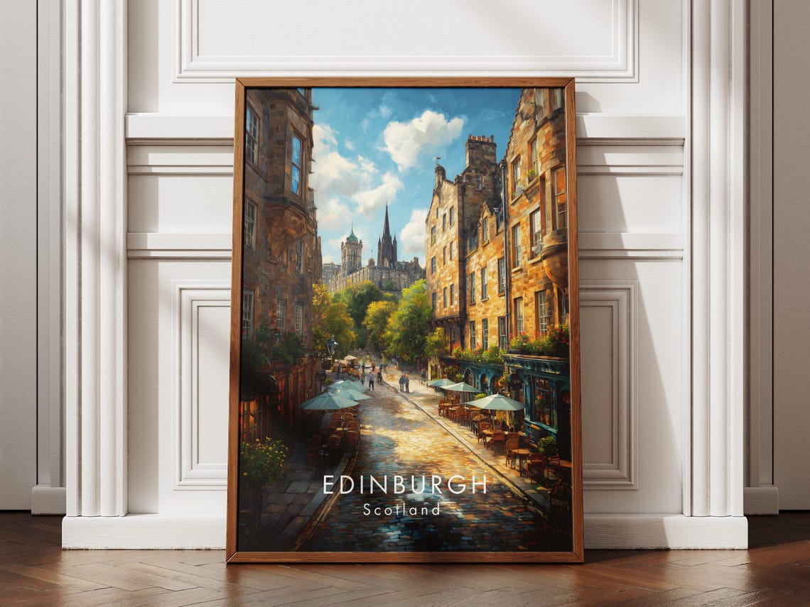 Edinburgh Scotland Old Town Cobblestone Street Travel Poster Art