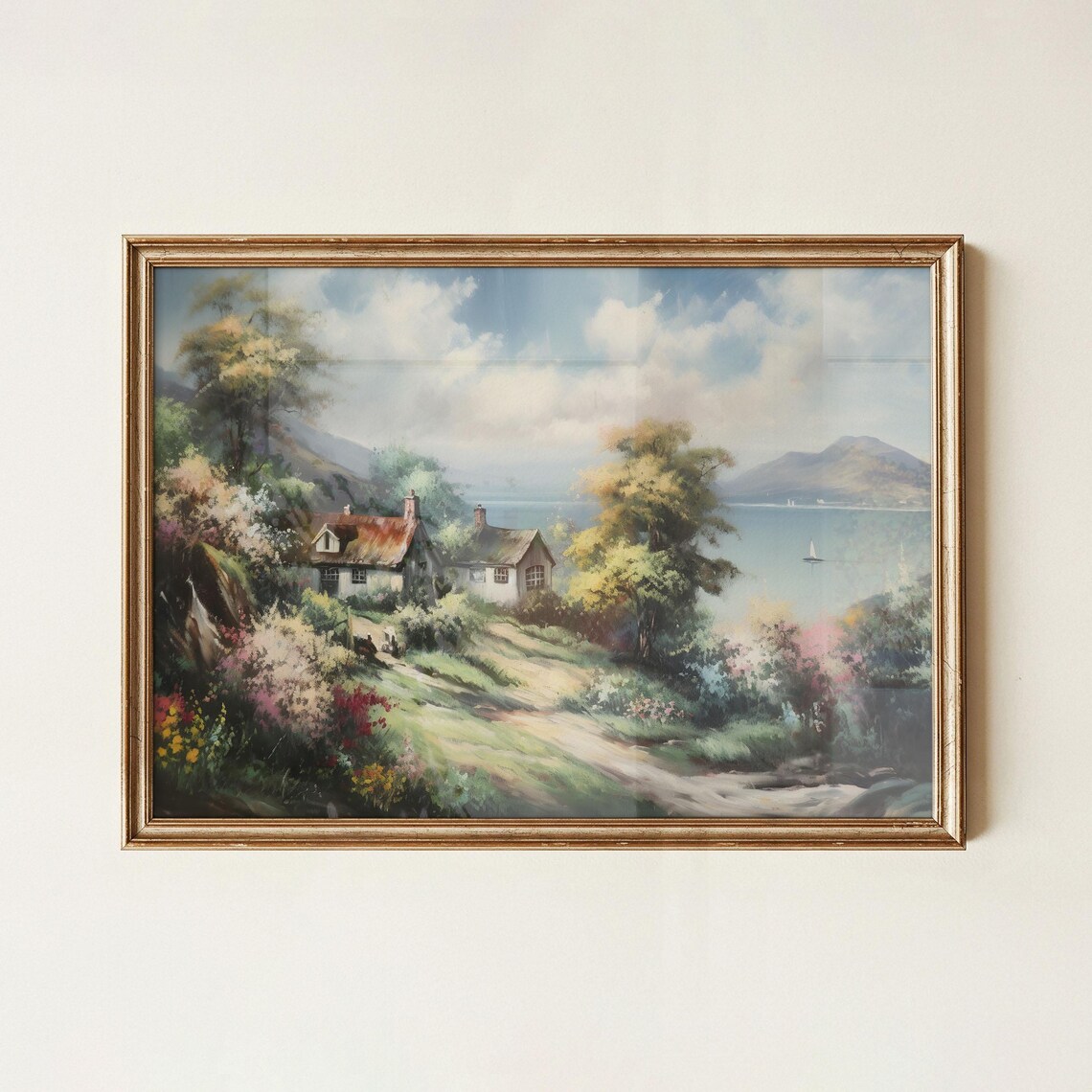 Vintage Lakeside Cottages Painting Scenic Hills Sailboat Art Poster