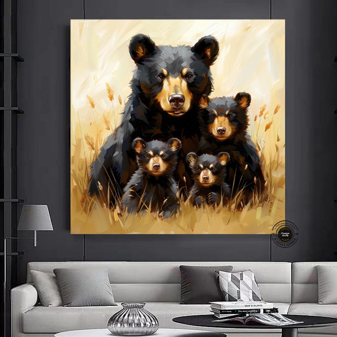 Mother Bear Three Cubs Golden Wheat Field Wildlife Family Poster