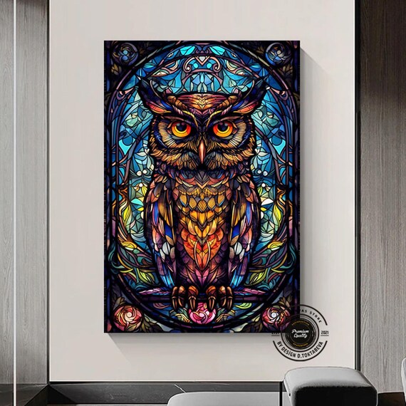 Stained Glass Owl Colorful Mosaic Night Bird Cathedral Wall Poster