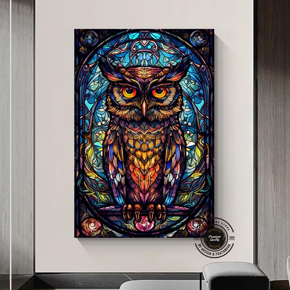 Stained Glass Owl Colorful Mosaic Night Bird Cathedral Wall Poster