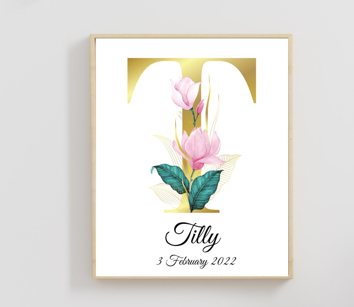 Personalised Floral Initial Birth Gift Gold Magnolia Poster Daphne - Image 2