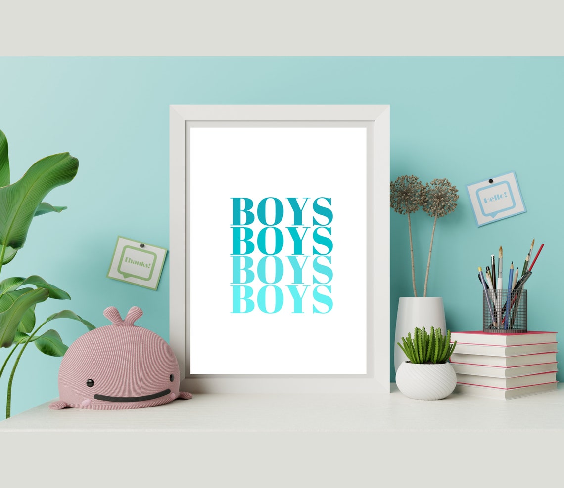 Boys Boys Boys Boys Teal Gradient Stacked Kids Typography Poster - Image 3