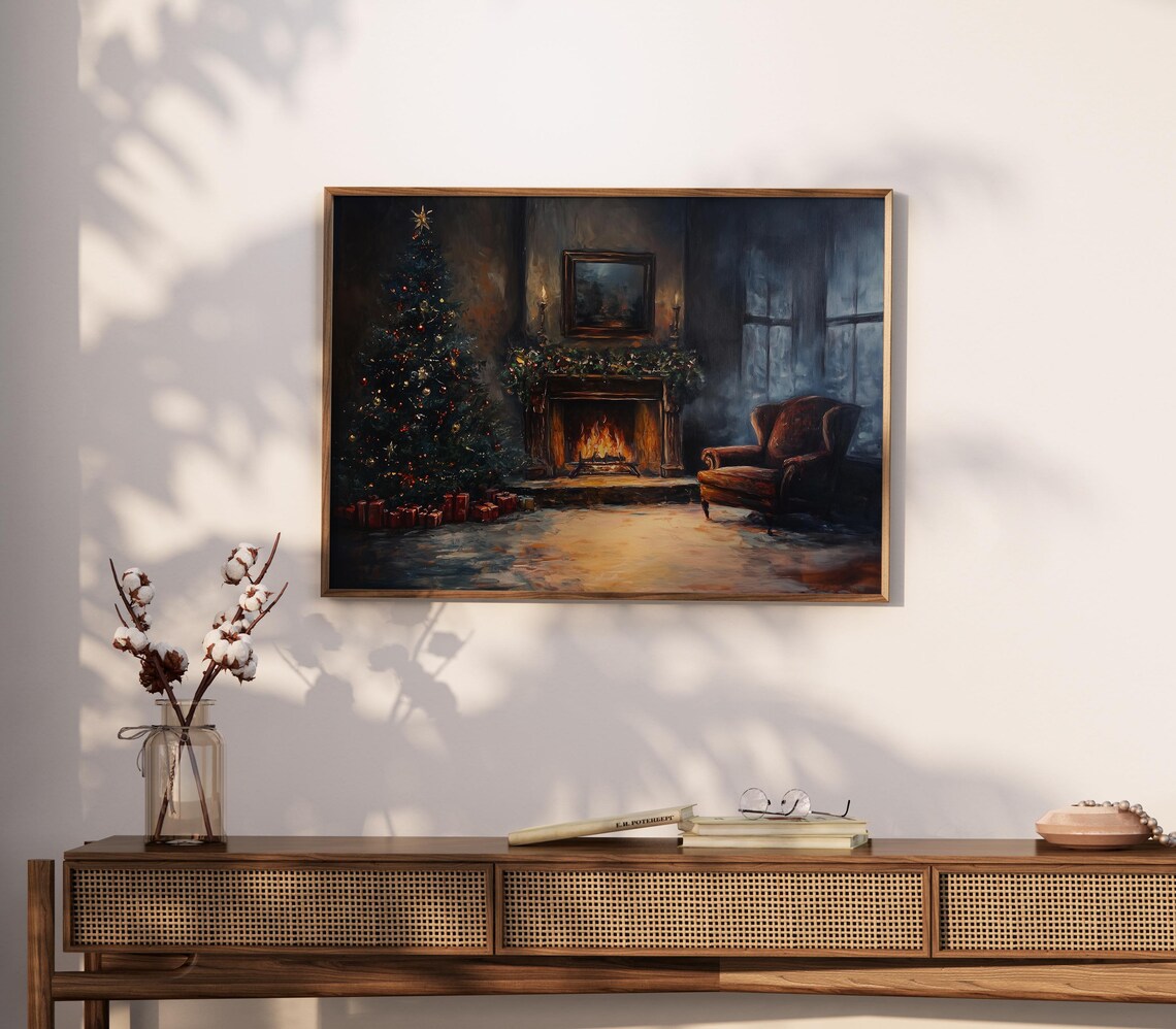 Vintage Moody Christmas Fireplace Painting Cozy Winter Night Poster - Image 4