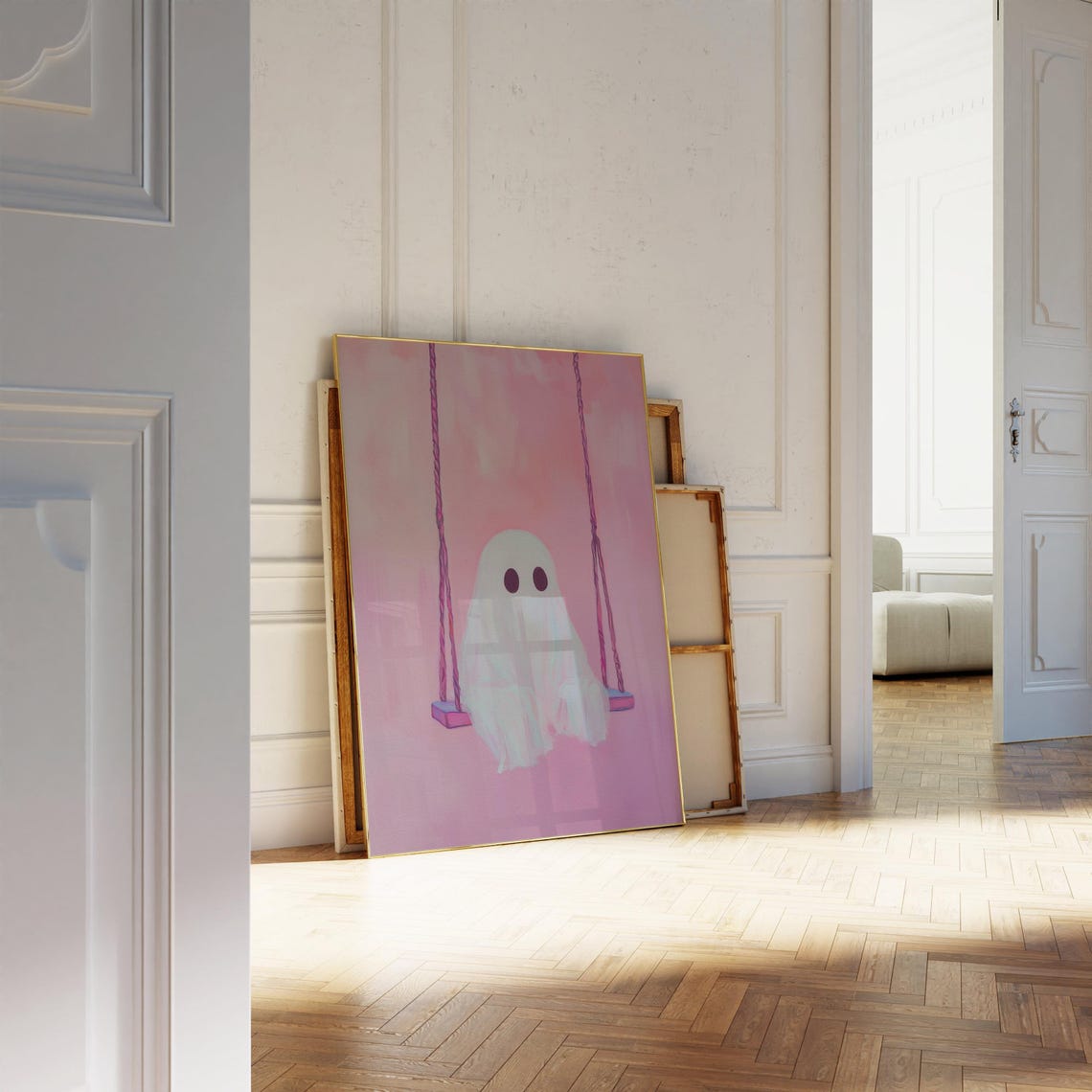 Ghost On The Swing Poster Cute Halloween Wall Art Cute Ghost Painting Print Pink Wall Decor - Image 3