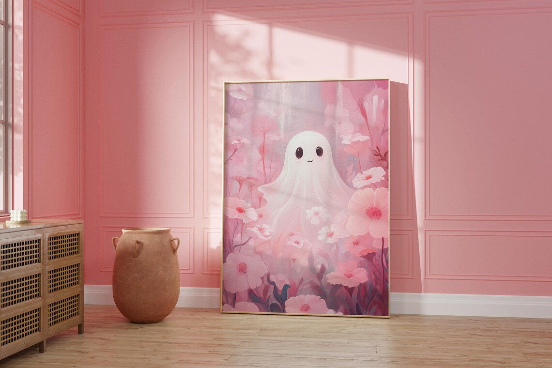 Cute Ghost Among Pink Flowers, Floral Ghost Print - Image 4