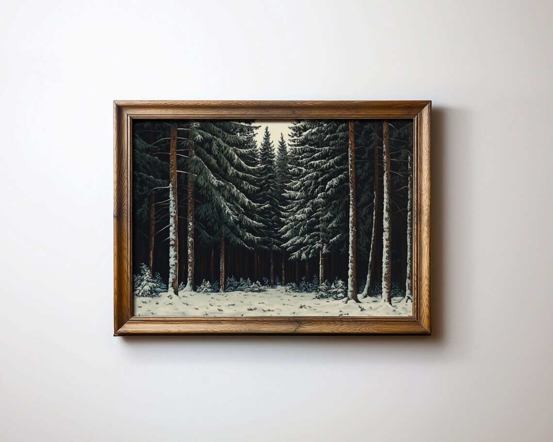 Vintage Winter Pine Forest Rustic Snowy Landscape Dark Cabin Wall Poster - Image 5