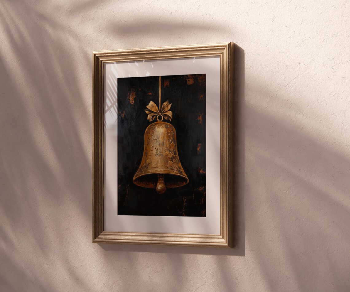 Vintage Golden Christmas Bell Painting Dark Moody Holiday Wall Poster - Image 5