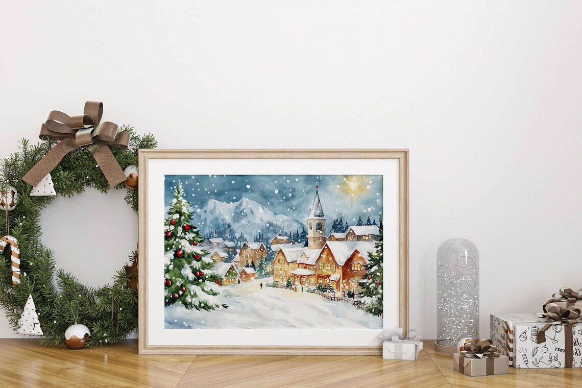 Snowy Christmas Village with Church Steeple at Night Painting Poster - Image 2