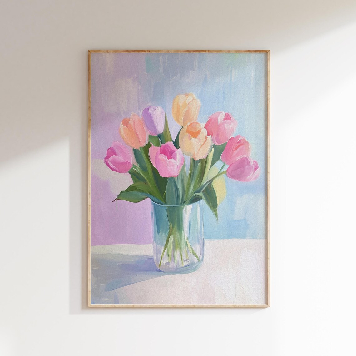 Colorful Tulips in a Glass Vase Pastel Bouquet Painting Print
