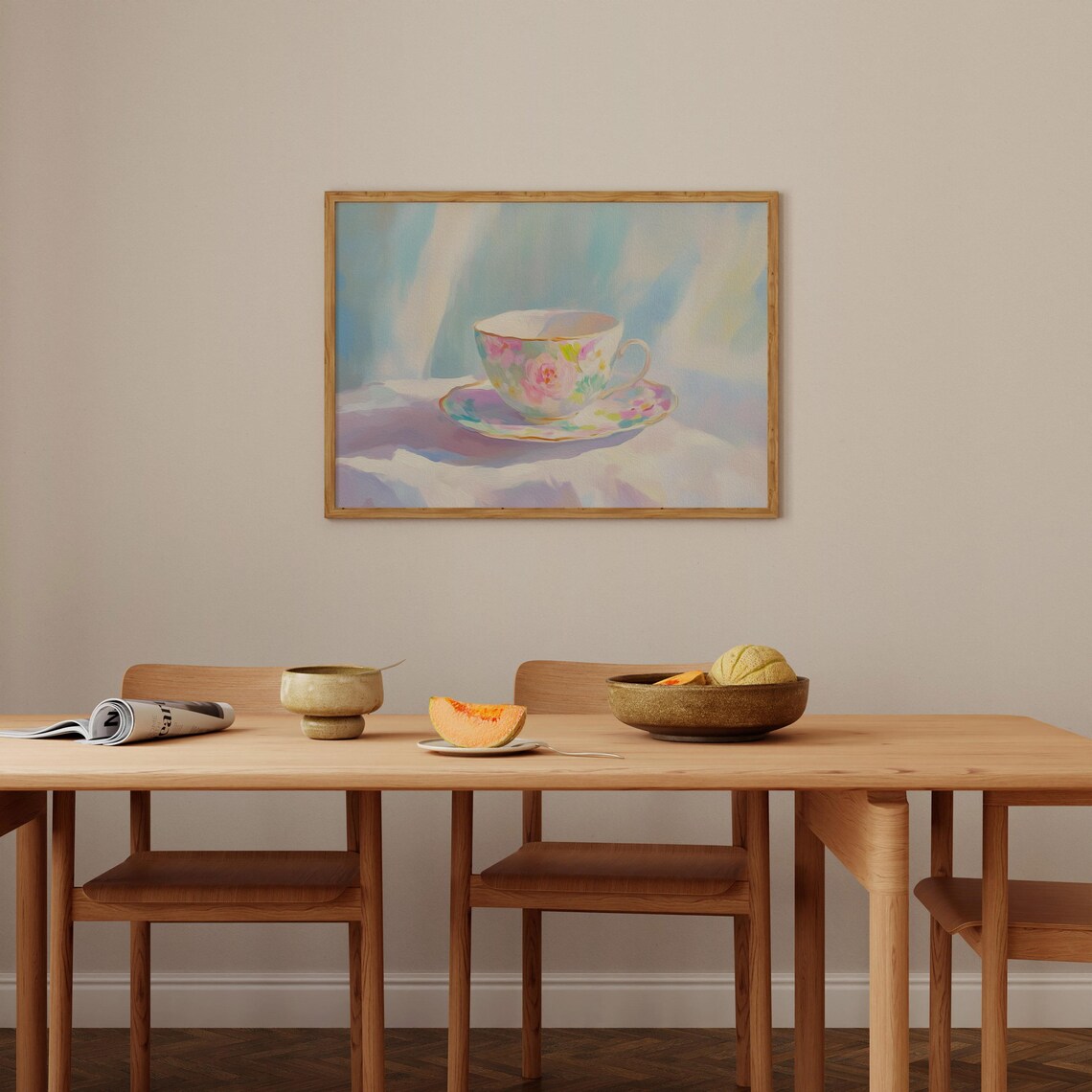 Pastel Floral Teacup on a Saucer in Soft Dreamy Light Painting Poster - Image 2