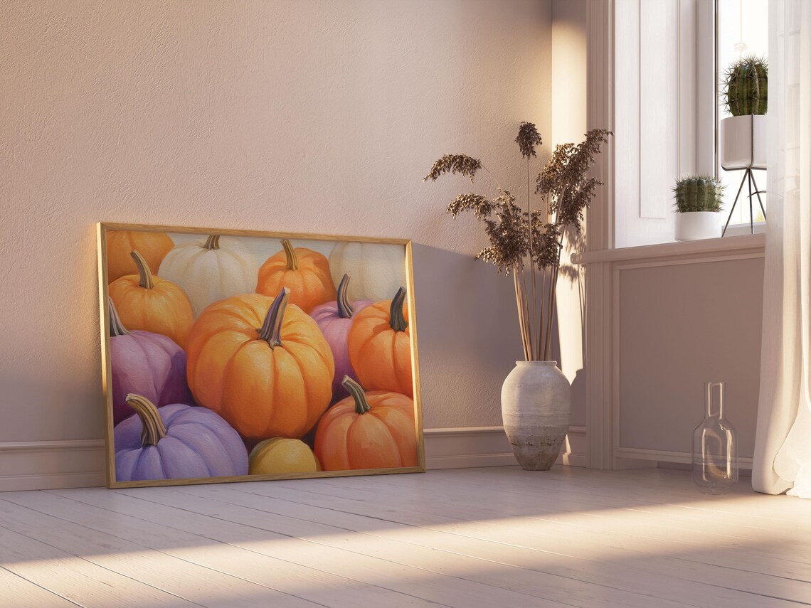 Colorful Pumpkins in Orange Purple and White Still Life Poster - Image 5