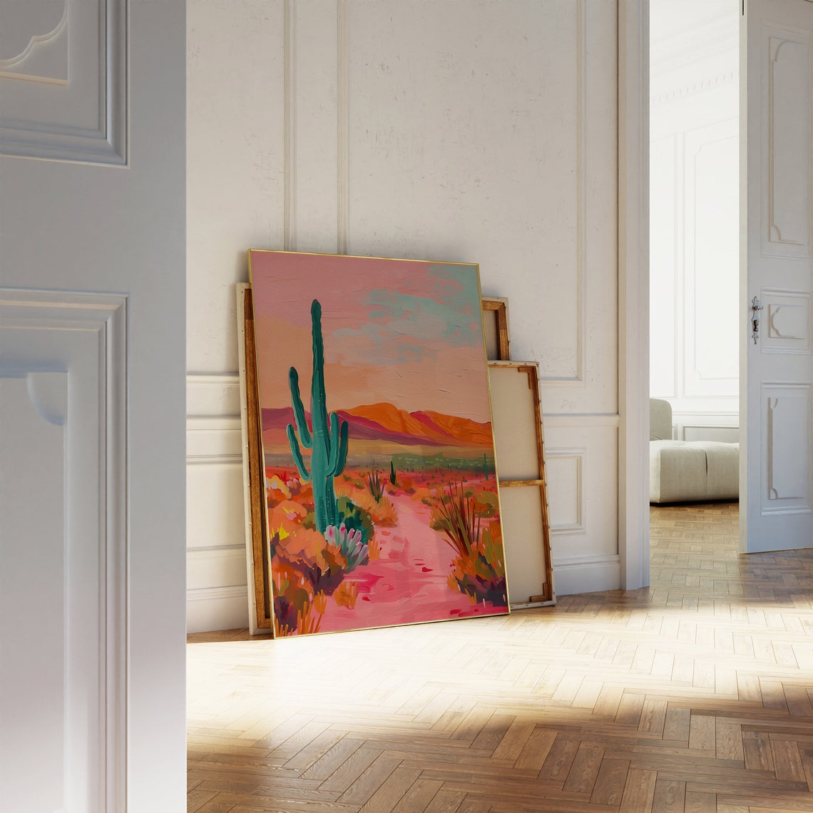 Vibrant Desert Trail with Saguaro Cactus at Pink Sunset Poster - Image 4