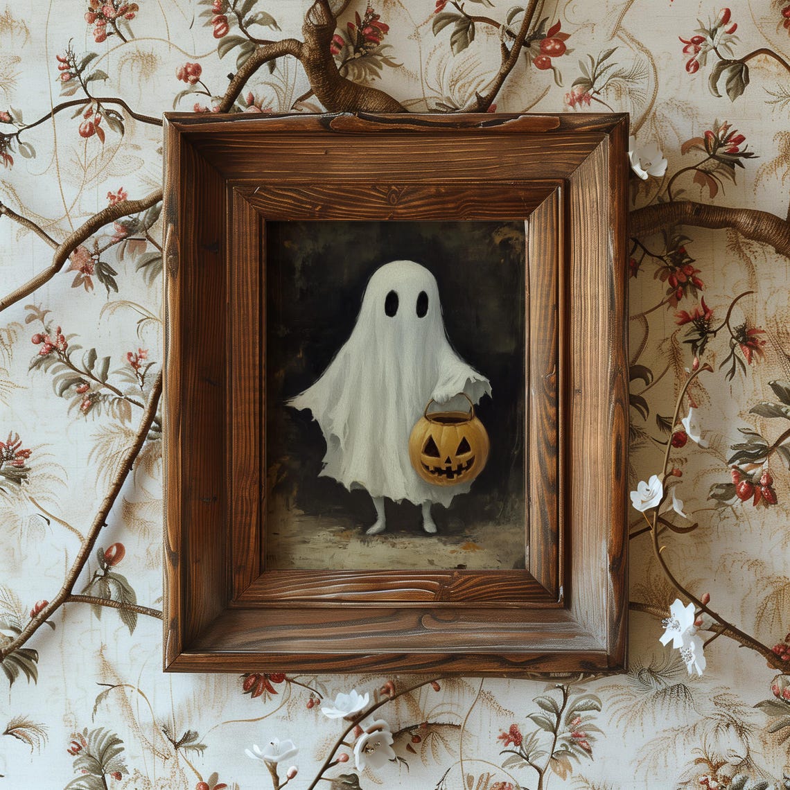 Cute Ghost Holding Jack O Lantern Vintage Halloween Painting Poster - Image 4