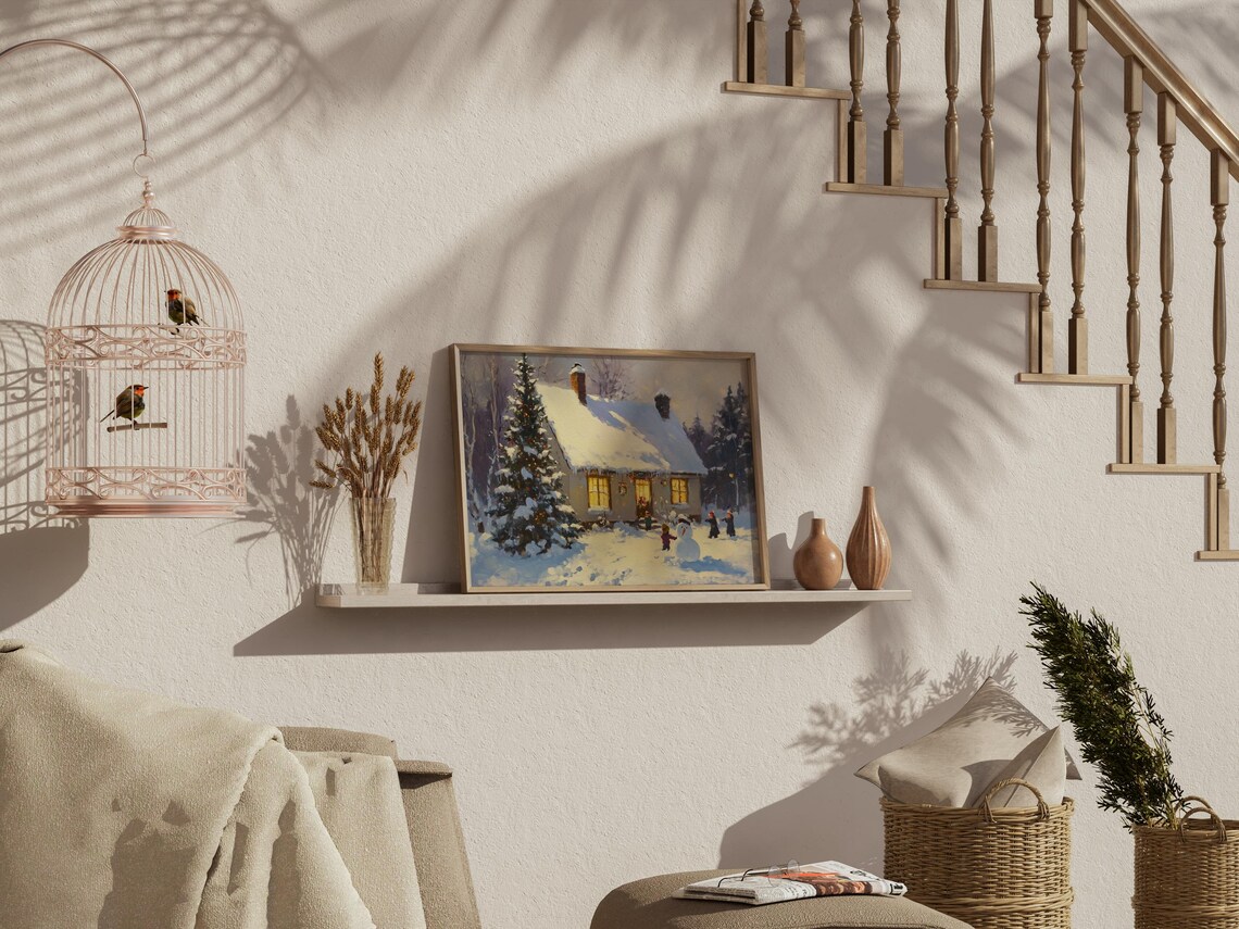 Snowy Cottage at Night with Lit Windows and Snowman Painting Poster - Image 2