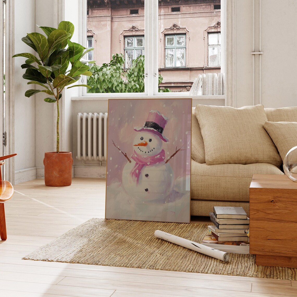 Pink Christmas Snowman Painting Cute Winter Wonderland Holiday Poster - Image 4