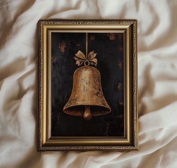 Vintage Golden Christmas Bell Painting Dark Moody Holiday Wall Poster