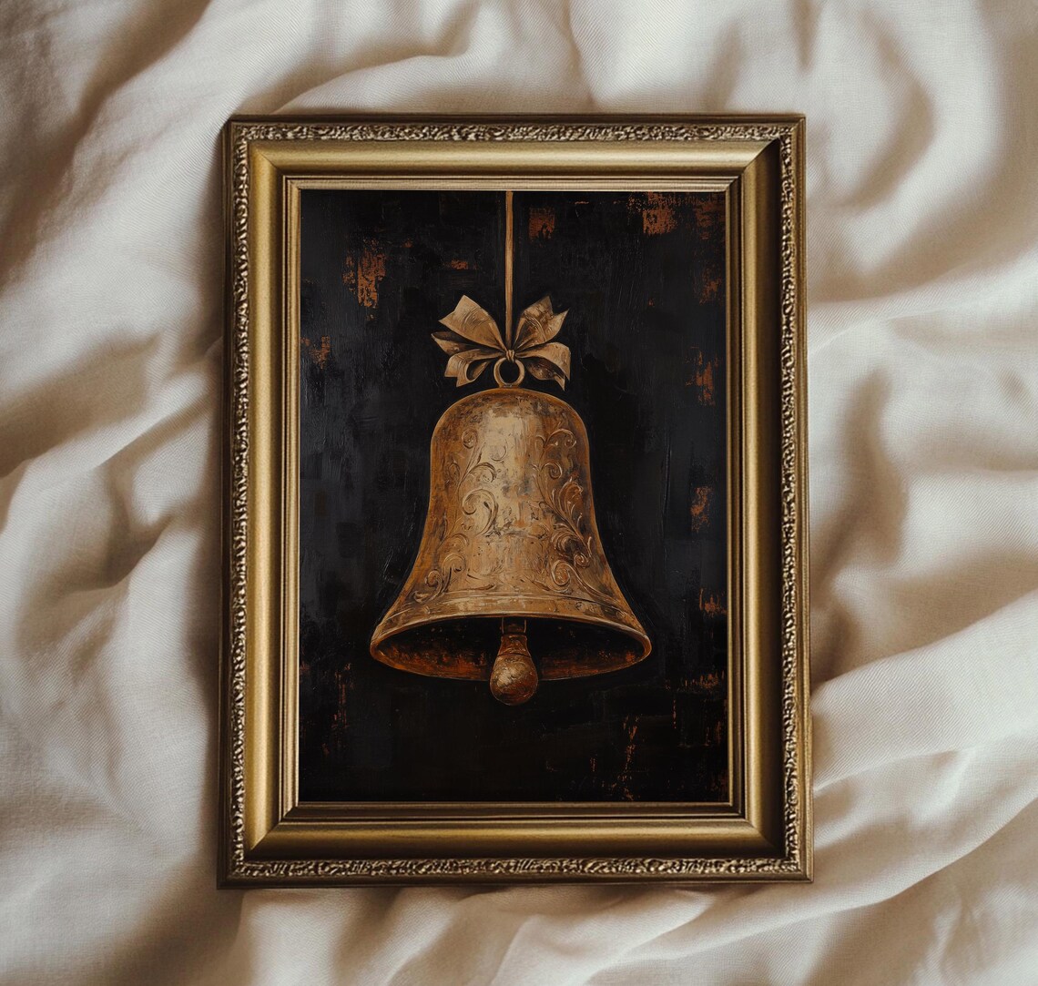 Vintage Golden Christmas Bell Painting Dark Moody Holiday Wall Poster