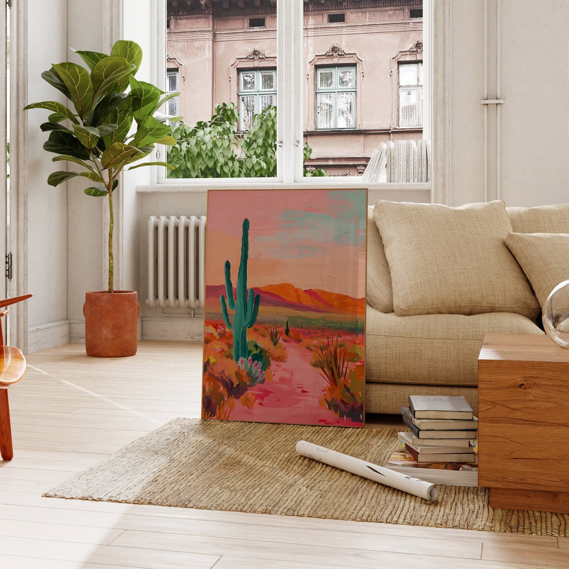 Vibrant Desert Trail with Saguaro Cactus at Pink Sunset Poster - Image 3