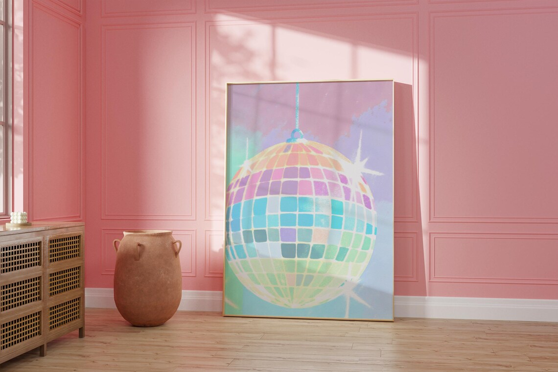 Pastel Rainbow Disco Ball Hanging in Pink Sky Music Party Poster - Image 3