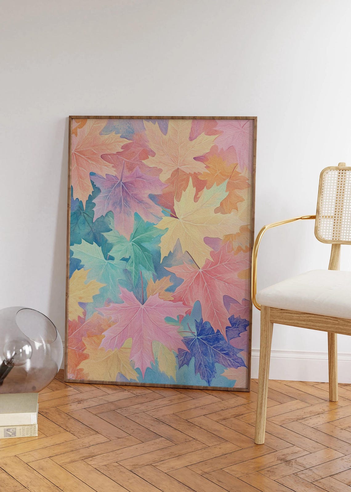 Pastel Autumn Maple Leaves in Pink Blue and Gold Pattern Poster - Image 3