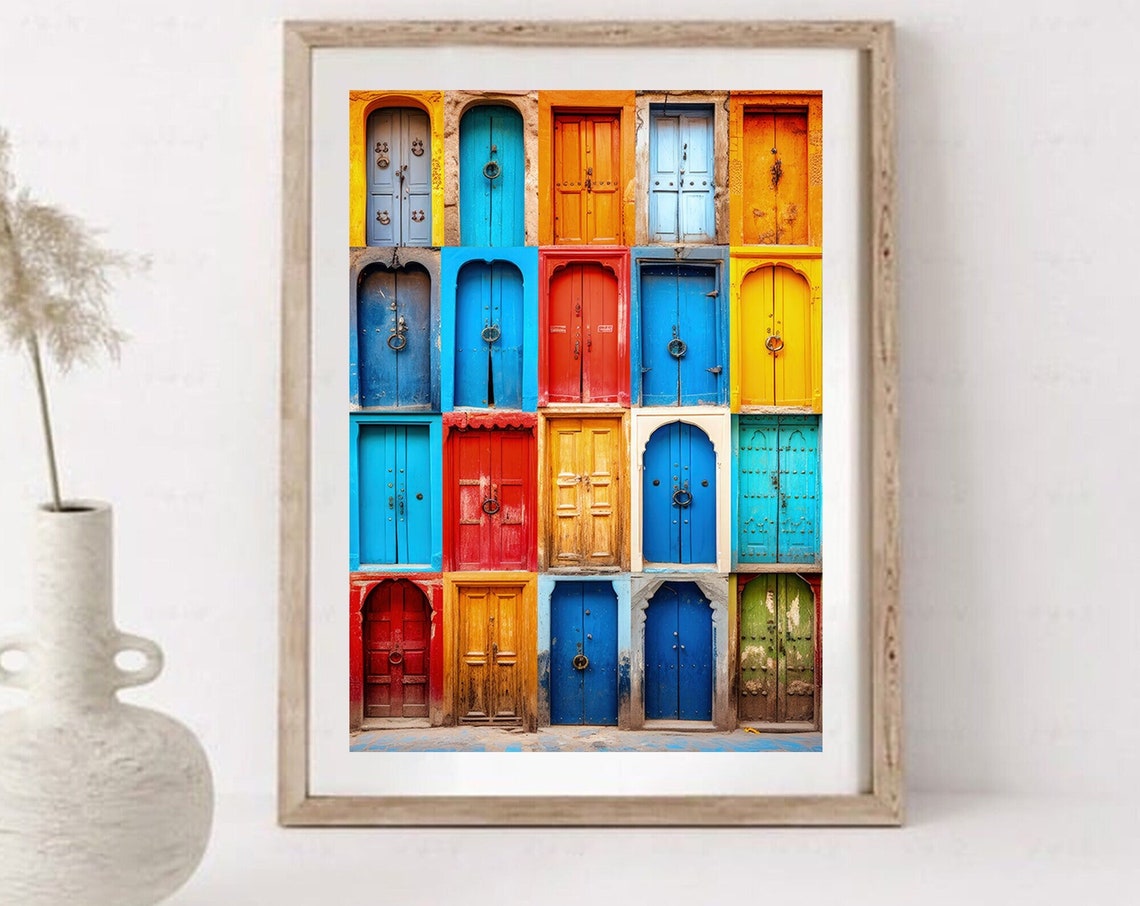 Colorful Moroccan Doors Grid Travel Photography Poster For Entryway