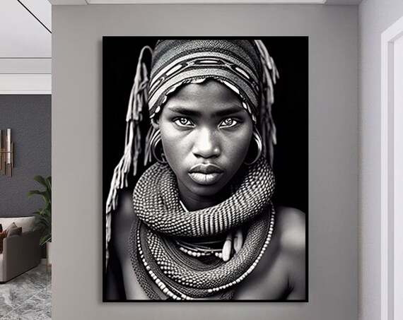 African Tribal Woman Monochrome Portrait Modern Artwork Ethnic Wall Decor Poster