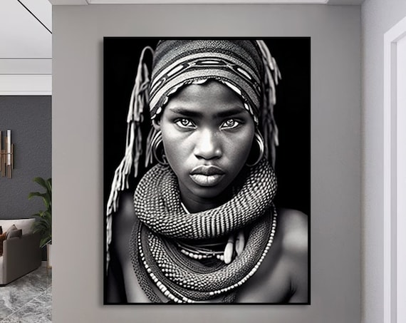 Dramatic African Tribal Woman Monochrome Portrait Photography Print