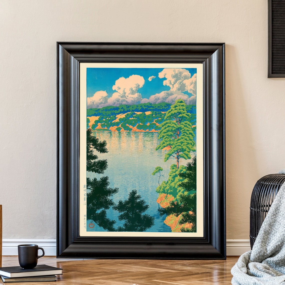 Japanese Lake Pine Trees Clouds Woodblock Style Serene Poster - Image 2