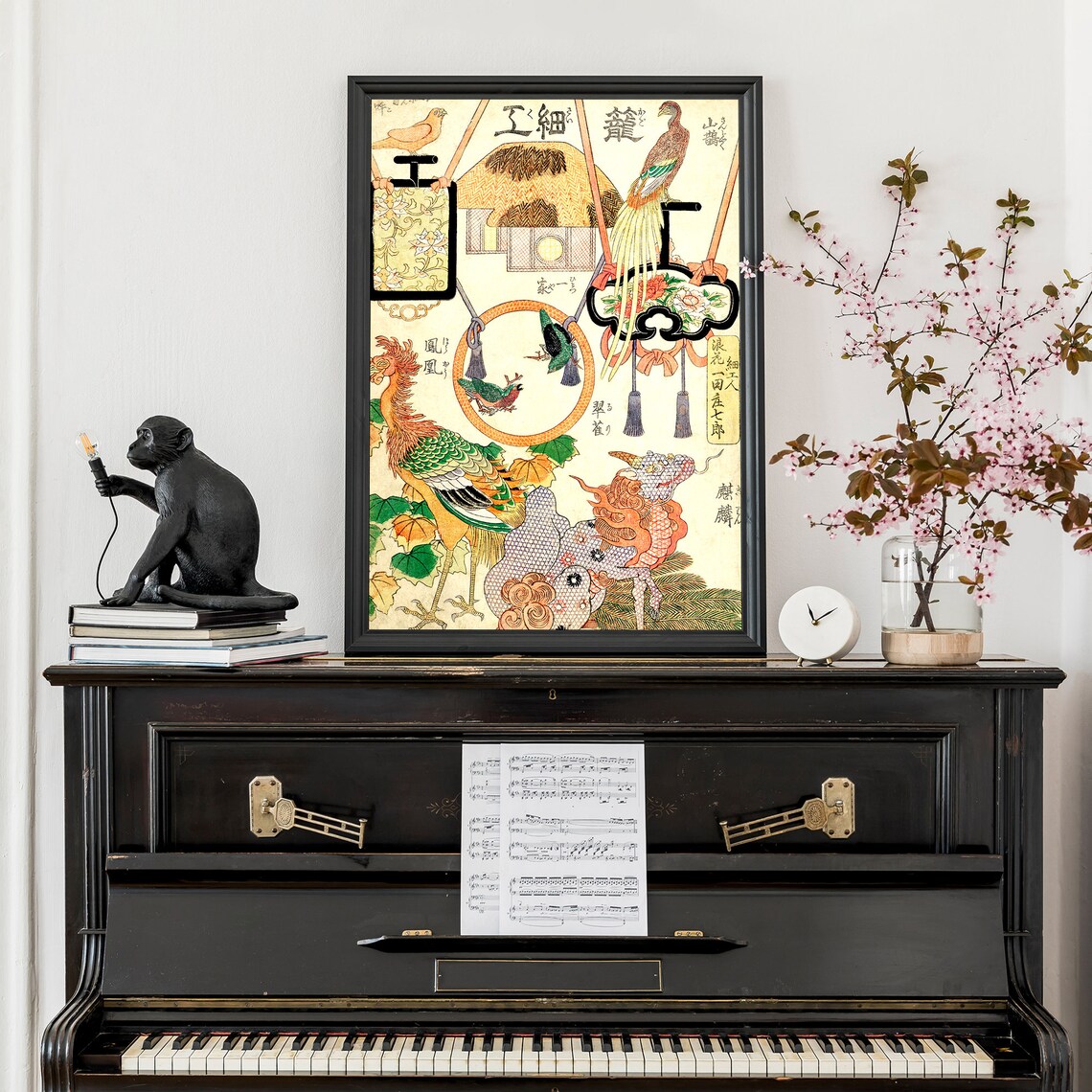 Japanese Fine Craftsmanship Phoenix And Guardian Lion Woodblock Poster - Image 2