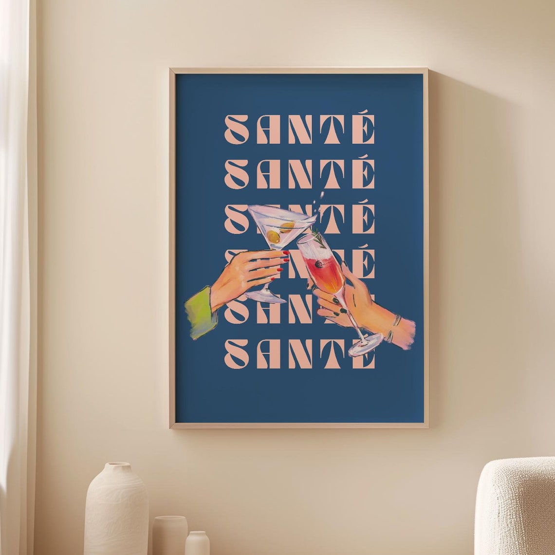 Sant Blue Wall Art Cheers Print Retro French Wall Art Wine Poster Vintage Bar Cart Art Cocktail Print French Quote European Summer Art - Image 5