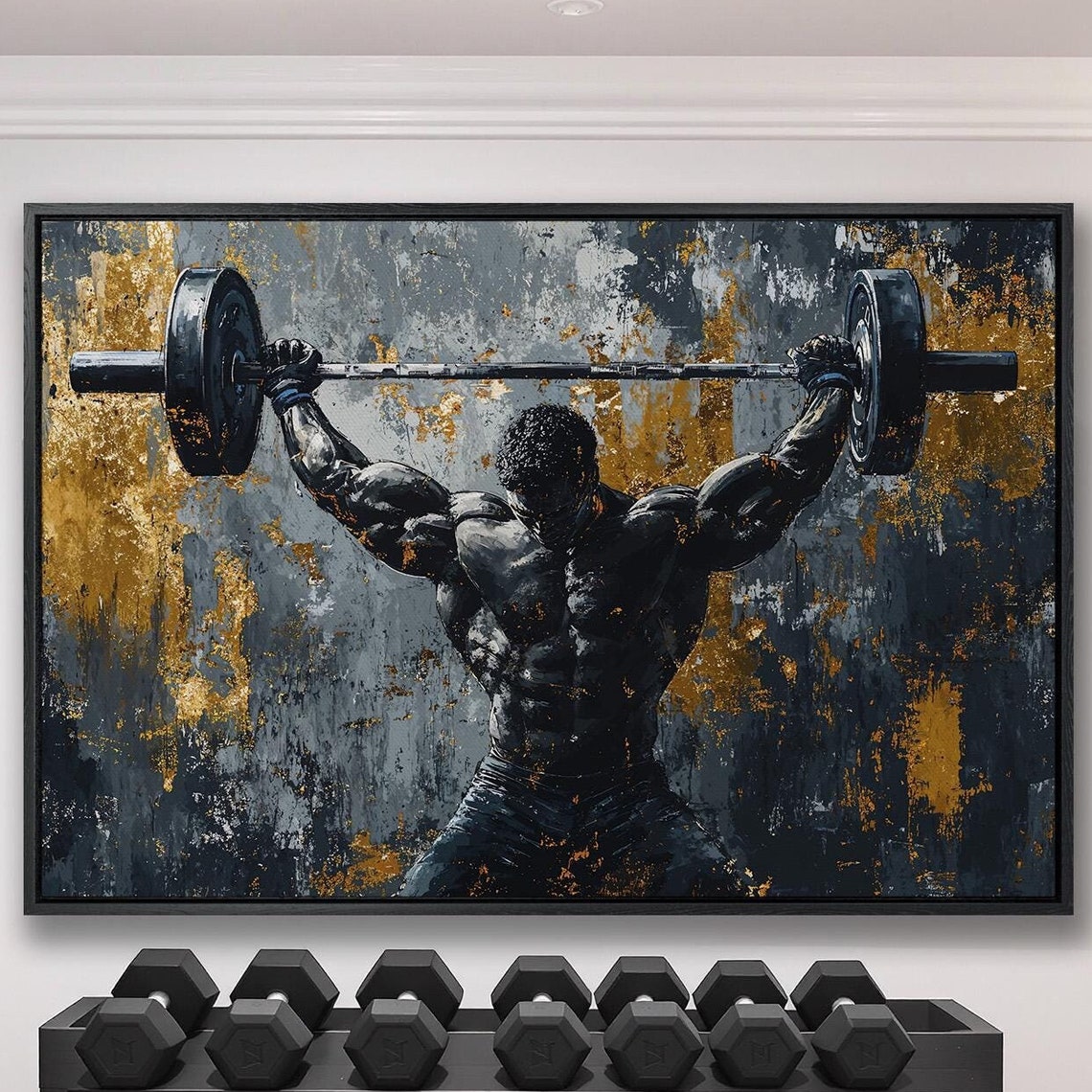 Powerlifter Overhead Press Strength Painting on Dark Gold Poster