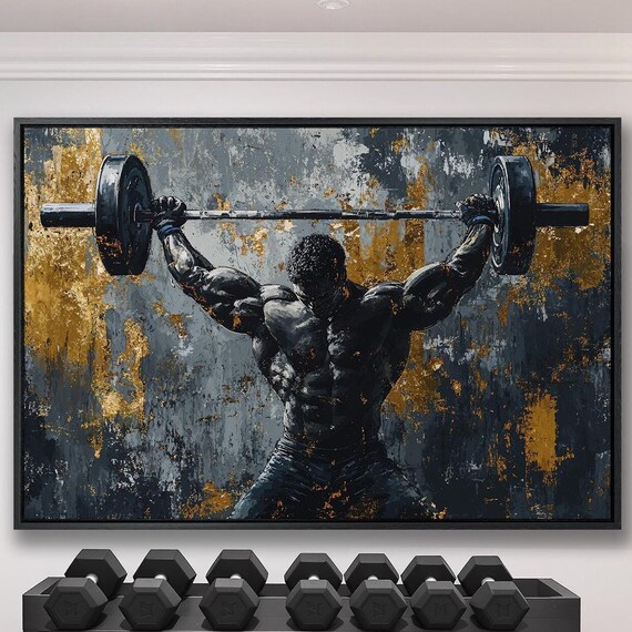 Powerlifter Overhead Press Strength Painting on Dark Gold Poster