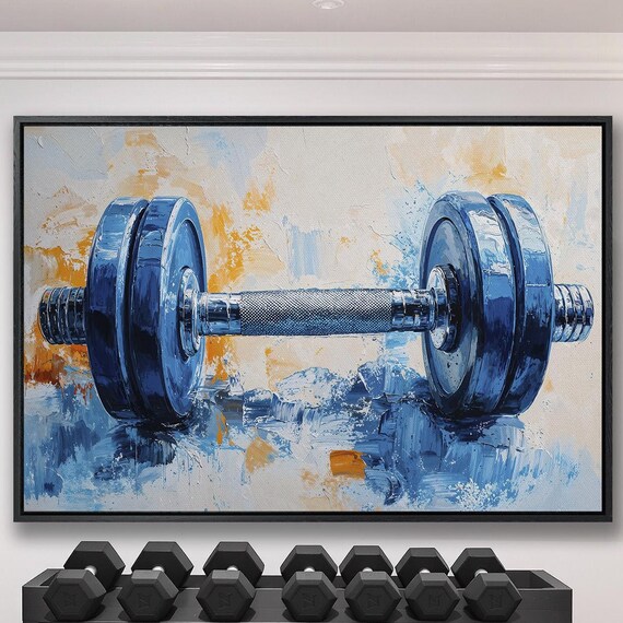 Barbell Framed Art Workout Painting Print Fitness Wall Art Modern Gym Decor Blue And Orange Abstract Sports Poster Ready To Hang