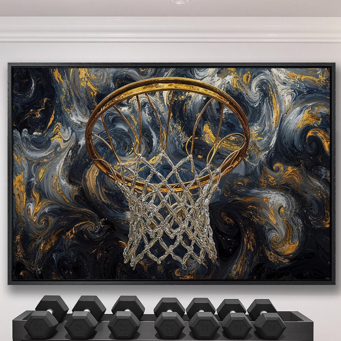 Golden Basketball Hoop on Black Marble Swirl Luxury Style Poster