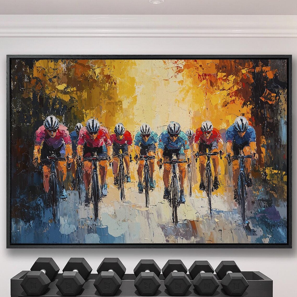 Colorful Peloton Cycling Race Painting with Golden Background Poster