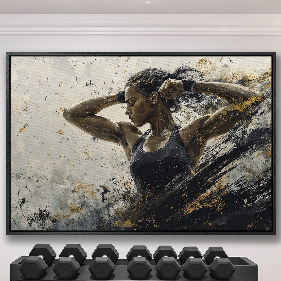 Determined Woman Adjusting Ponytail in Black Tank Splatter Art Poster
