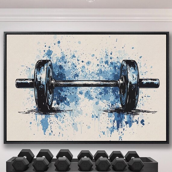 Ink Sketch Barbell with Blue Paint Splatter on Cream Sports Poster