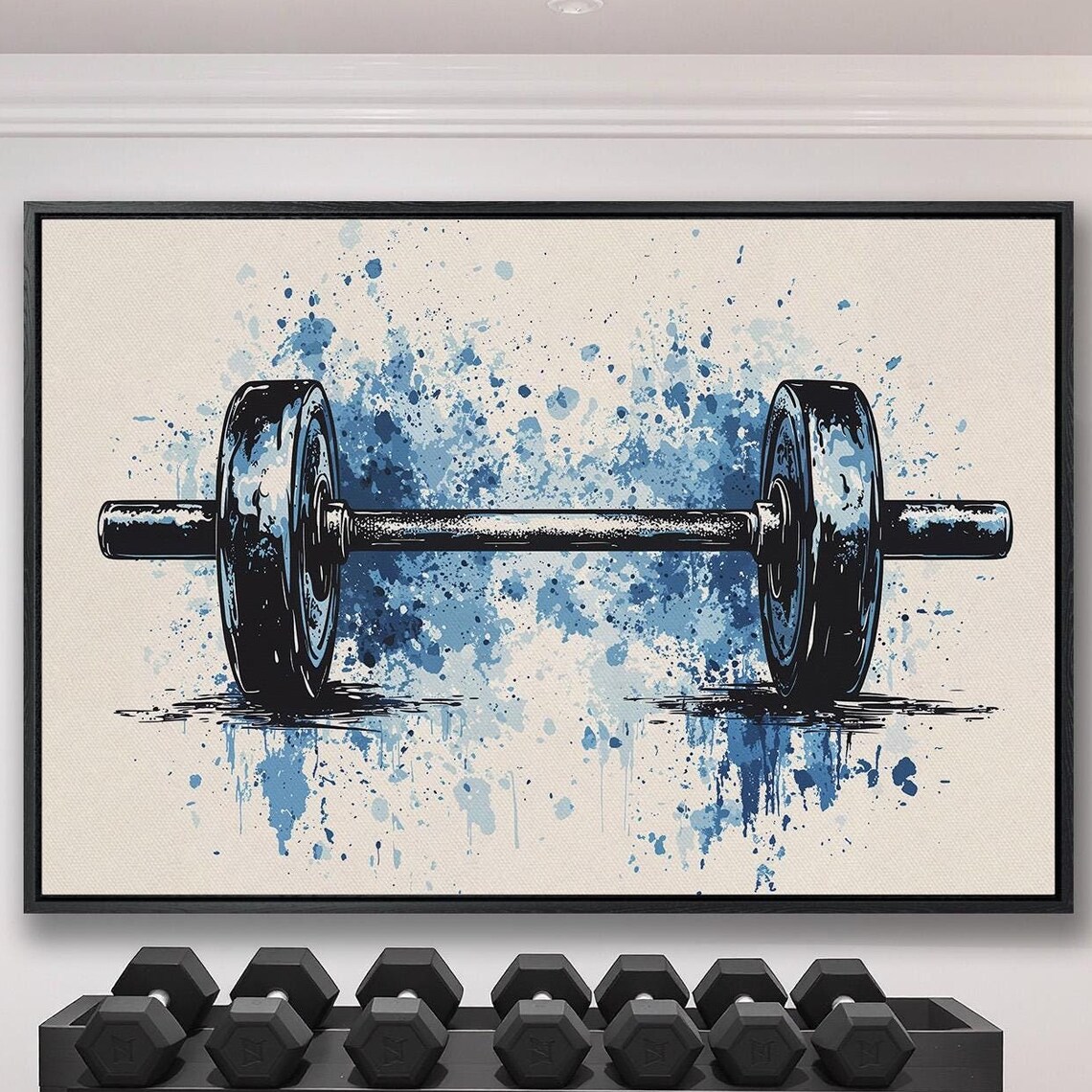 Ink Sketch Barbell with Blue Paint Splatter on Cream Sports Poster
