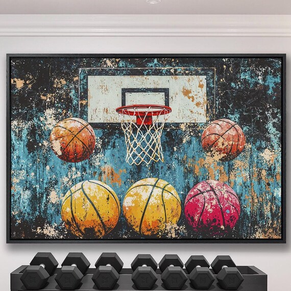 Basketball Hoop Surrounded By Five Colorful Balls Sports Poster