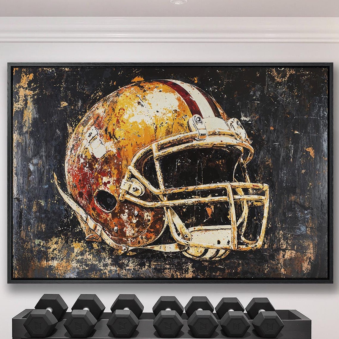 Abstract Sports Framed Wall Art Football Helmet Painting Print Vibrant Motivational Decor Boys Room Art Poster Ready To Hang Gift
